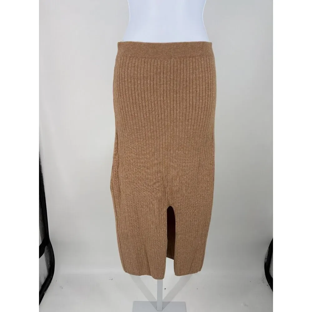 Camel Ribbed Knit Midi Skirt Women’s Bodycon Sweater Skirt High Waist Slit Hem
